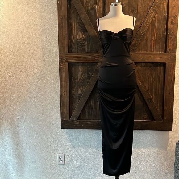 NWT Satin Spaghetti Straps Ruched Bodycon Slit Maxi Cocktail Elegant Dress - Picture 5 of 16